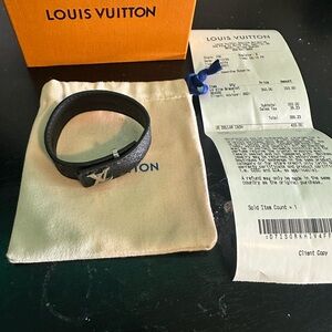 Louis Vuitton Black Leather Bracelet with Silver Accent